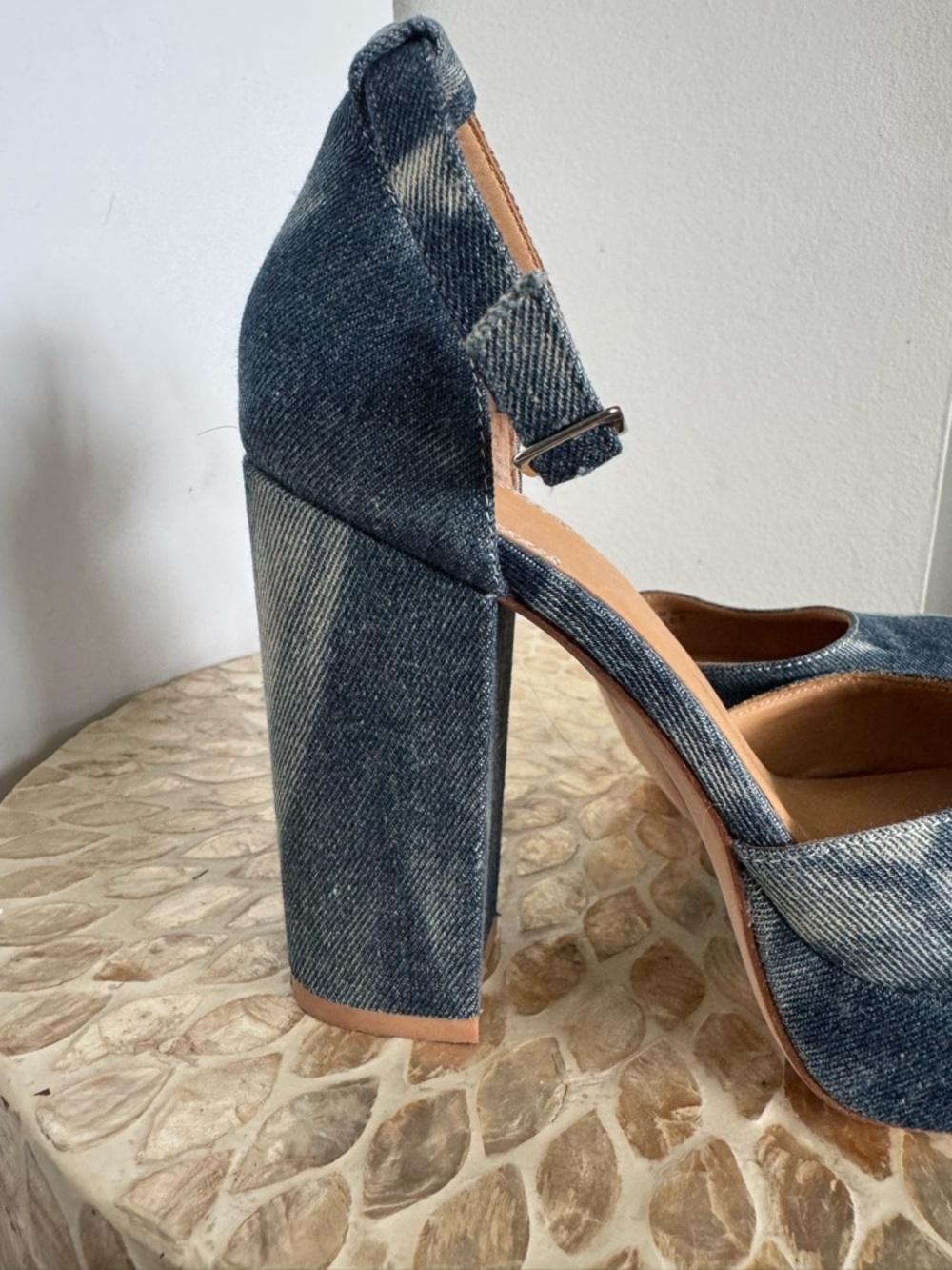 Bill Blass Blue Ellie Bleached Denim Tie-Dye Platform Ankle-Strap Heels - Picture 4 of 15